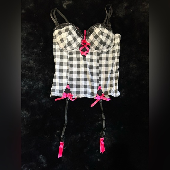 Intimates Black & White Checkered Corset with Pink Ribbon Details - Size 36B - Picture 3 of 9
